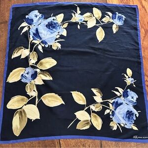Anne Klein vintage Navy 100% Silk Scarf with Blue Rose Border